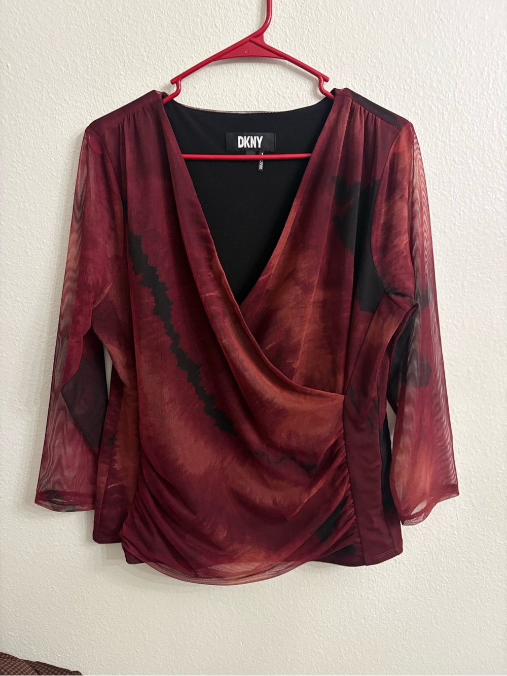 DKNYC Burgundy and Black Surplice Blouse